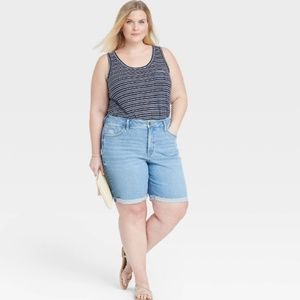 Ava & Viv Women's Plus Size Navy Striped Linen Pocket Tank Top 2X